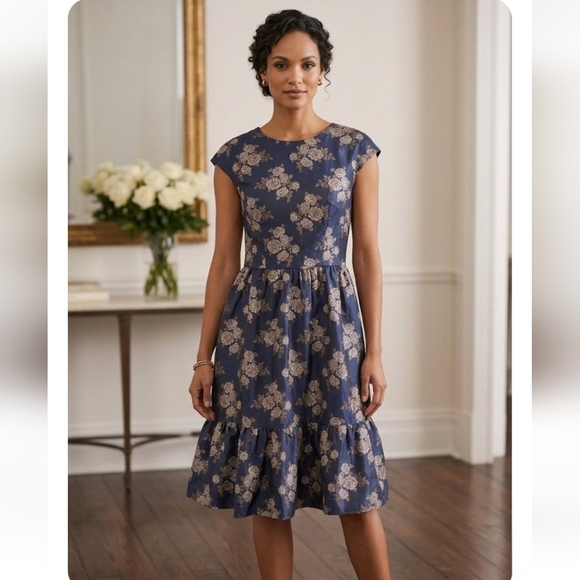 Gal Meets Glam Dresses & Skirts - Gal Meets Glam Jenny Wallpaper Navy Blue Rose Floral Ruffle Knee Length Dress